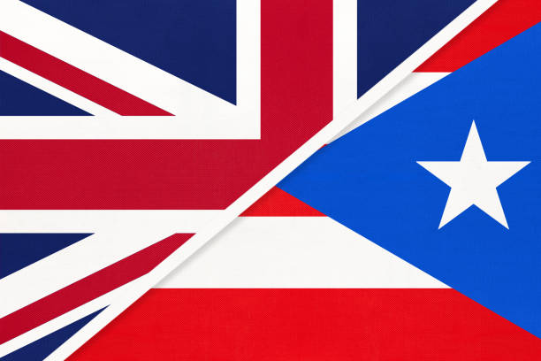 United Kingdom vs Puerto Rico national flag from textile. Relationship between two european and american countries. United Kingdom of Great Britain and Ireland vs Puerto Rico national flag from textile. Relationship, partnership and economic between two european and american countries. porto rico flag stock illustrations