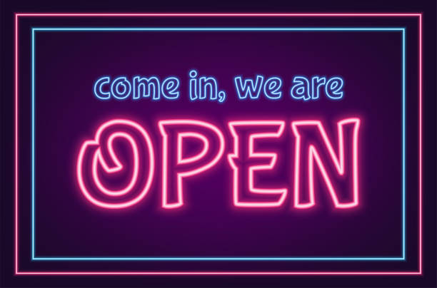 istock Come In, We Are Open neon sign with pink and blue luminous frames and text, EPS10 vector illustration. 1213178480