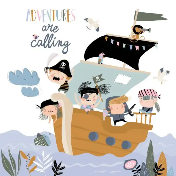 Vector illustration of Cute cartoon kids pirates sailing in their ship