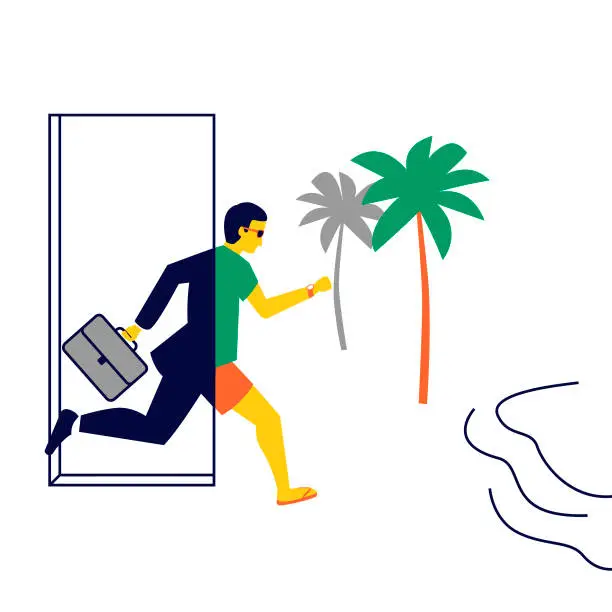 Vector illustration of From the office to the beach. Holiday time.