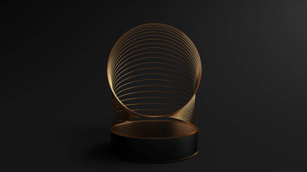 istock Black round Pedestal. And Bending a golden circular frame into a overlap art dimension on podium and can be used for advertising, Isolated on black background, Minimalist Black, 3D rendering. 1213181220