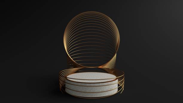 istock White round Pedestal. And Bending a golden circular frame into a overlap art dimension on podium and can be used for advertising, Isolated on black background, Minimalist Black, 3D rendering. 1213181243