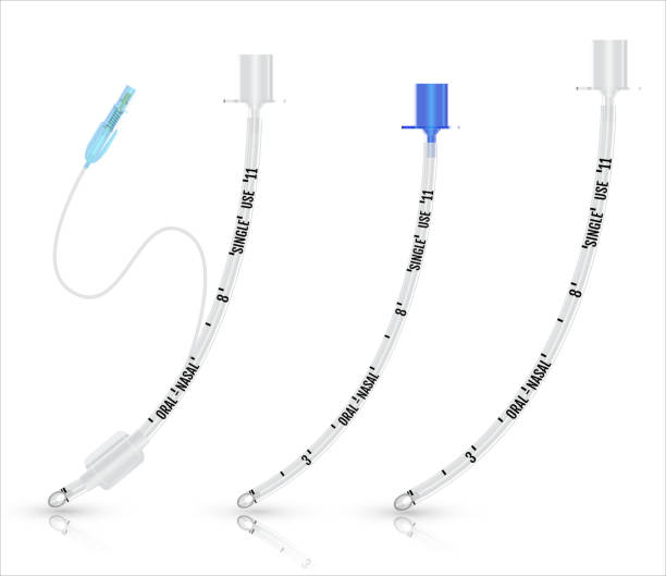 Tracheal - endotracheal - intubation - tube. Vector illustration Tracheal - endotracheal - intubation - tube with inflatable cuff and Tracheal tube without cuff. Use in emergency room. Used for artificial lung ventilation in the treatment of coronavirus tracheotomy tubing stock illustrations