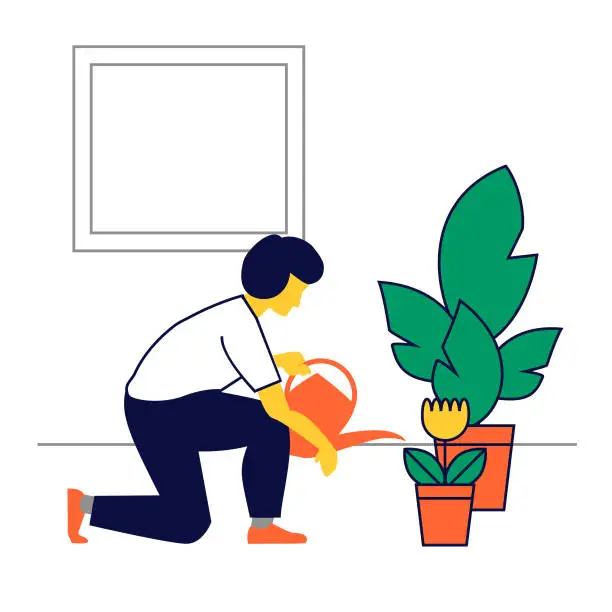 Vector illustration of Woman watering her plants