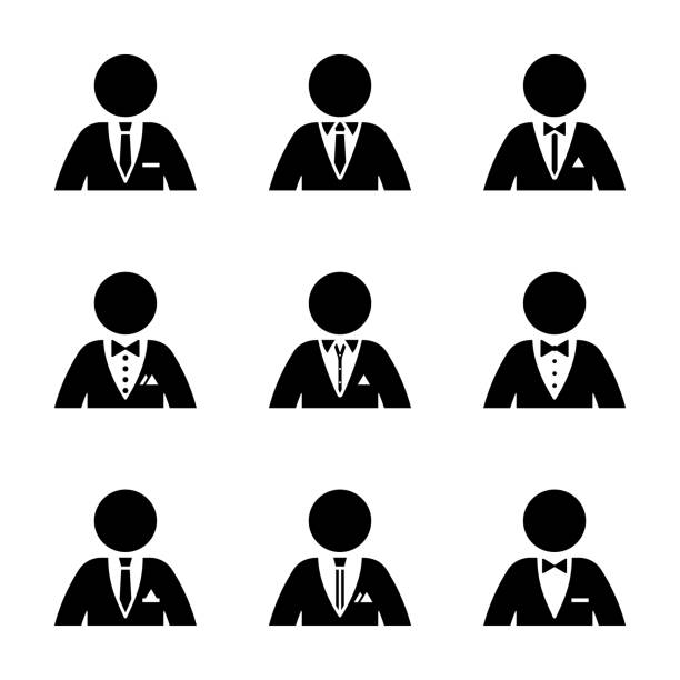 Stick figure dressed in suit, tuxedo, shirt, collar, tie, bow, pocket square pictogram silhouette vector illustration set. Businessman wear formal, official clothes on white background Stick figure dressed in suit, tuxedo, shirt, collar, tie, bow, pocket square pictogram silhouette vector illustration set. Businessman wear formal, official clothes on white background prom fashion stock illustrations