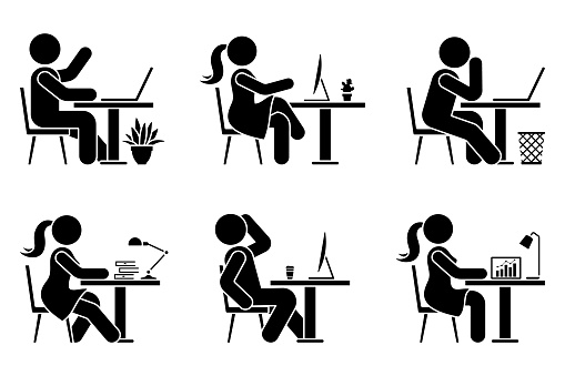 Sitting at desk office stick figure business man and woman side view poses pictogram vector icon set. Male and female silhouette seated at work, with computer, coffee, laptop, table sign on white background
