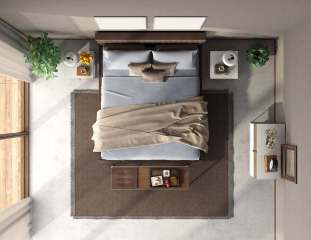 Top view of a blue and brown master bedroom Top view of a modern master bedroom with double bed, bench and chest of drawers- 3d rendering
Note: the room does not exist in reality, Property model is not necessary owners bedroom stock pictures, royalty-free photos & images