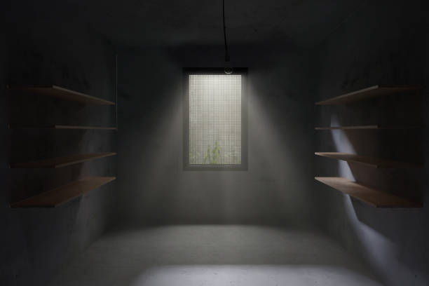 3d rendering of a concrete air-raid shelter with light rays at window - air raid imagens e fotografias de stock