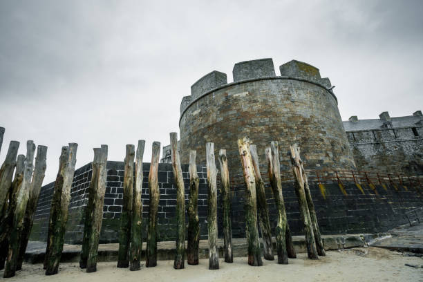 Breakwaters made of tree trunks in front of the Tower of the Ladies of Saint Malo.\nOn the right is an access ramp to enter the old town.\nThe difference in color on the breakwaters show the sea level at high tide.\nThe tide is low.\nThe surrounding walls are the ramparts of Saint Malo in Brittany.