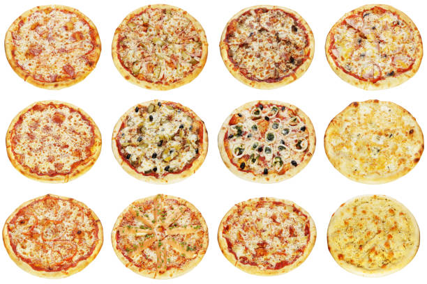 istock Many various freshly baked pizzas isolated on white background 1213190427