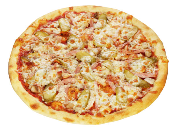istock Fresh pizza with pork meat and chicken isolated on white background 1213190651