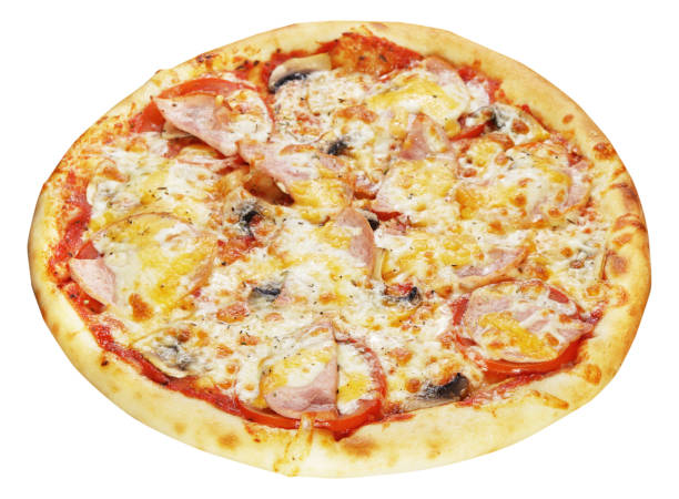 istock Fresh pizza with ham and tomato and mushrooms isolated on white background 1213190669