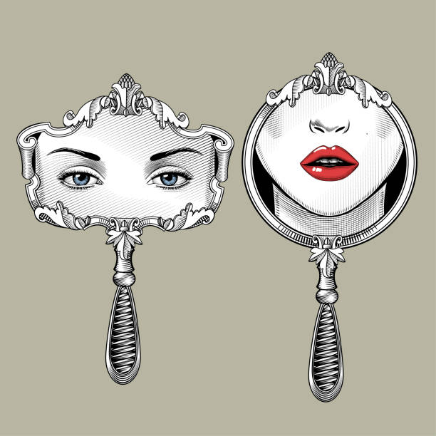 istock Two decorative classic retro mirrors with reflections of female eyes and lips 1213191088