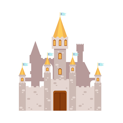 Fabulous fairy tales castle icon or symbol, flat cartoon vector illustration isolated on white background. Medieval kingdom fantasy palace building with towers.
