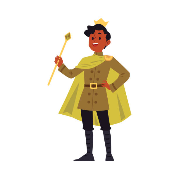 Cartoon man in king costume and gold royal crown holding a sceptre Cartoon man in king costume and gold royal crown holding a sceptre stick and smiling - happy young man with dark skin wearing prince cape. Flat isolated vector illustration. prince royal person stock illustrations