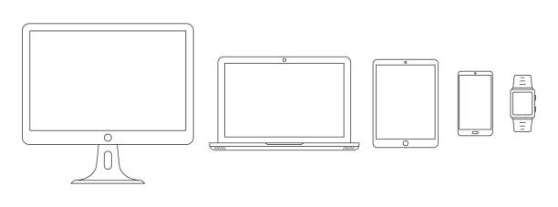 Set of linear device icons. Vector outline devices Device icons. Set of linear device icons. Vector illustration in thin line style. Set of outline devices icons. equipment illustrations stock illustrations