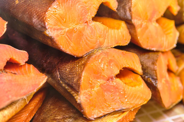 istock Smoked red fish in a section on a store counter. 1213197148