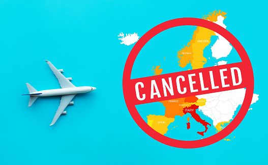 Flight cancelled with covid 19-virus epidemic.outbreak covid 19 in europe.save your health.government policy solution.busuness transportation