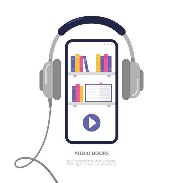 konzept mit handy und kopfhörer. digitale bibliothek mit hörbüchern, podcasts und kursen. - headphones book stock-grafiken, -clipart, -cartoons und -symbole