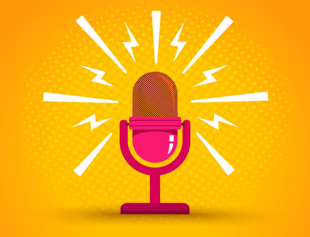 Microphone on yellow halftone background Vintage vector illustration of retro pink microphone and text of Danger. Microphone on yellow halftone background. rock n roll music speakers stock illustrations