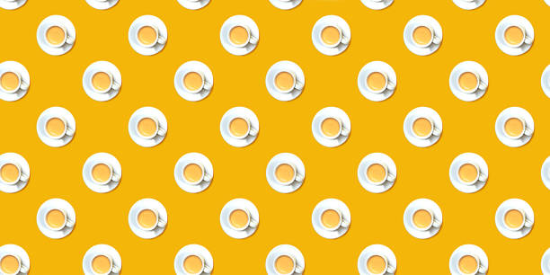 istock Pattern of white cup of coffee on yellow color background. 1213205359