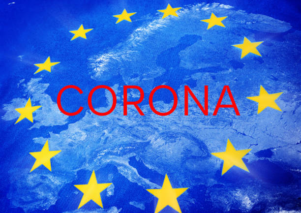 istock Corona caution – Flag of European Union with map 1213205612