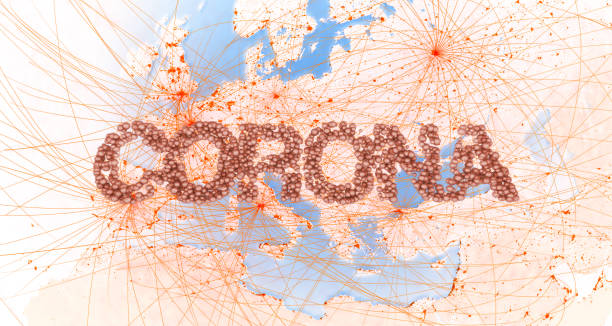istock Corona writing hovering over the globe - 3d illustration 1213209116