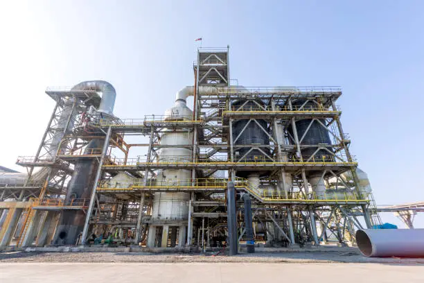 Photo of View of the acid plant. The sulfuric acid plant producing process chemicals from sulfur compounds from odorous gases.