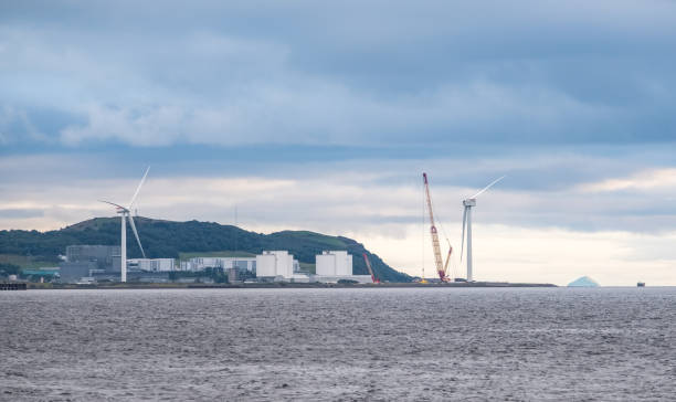 Hunterston, Scotland, UK - August 03, 2018: Wind turbines being dismantled as energy company SSE have given up on their national onshore wind turbine test facility at Hunterston after six years of operations.