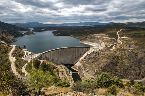 Madrid, Spain - Agoust, 16, 2015: The El Atazar reservoir is the largest in the Community of Madrid: with a capacity of 425.3 hm³, it represents 46% of the dammed volume in the region. It was built in 1972, being one of the most important works during the Franco Franco dictatorship