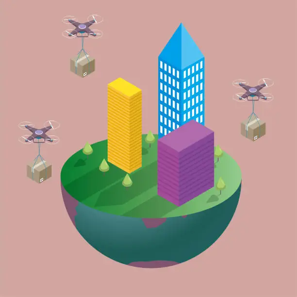 Vector illustration of The city building is on a section in the southern hemisphere, with three drones carrying cargo in mid-air.