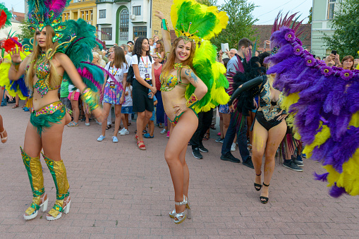 Novi Sad, Serbia - August 25, 2019: Samba Carnival in Novi Sad, Serbia. Performing in costume for the samba parade celebrating culture of Brazil in Serbia.