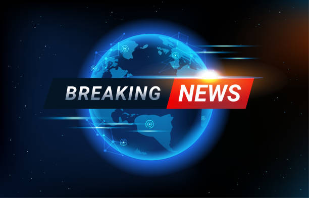 Breaking News background with world map backdrop. Blue Global connectivity line and headline bar for modern futuristic news template with technology sun light effect for TV studio. Breaking News background with world map backdrop. Blue Global connectivity line and headline bar for modern futuristic news template with technology sun light effect for TV studio. emergency plan document stock illustrations