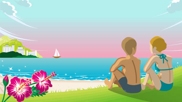 Young couple sitting to view sunset in the summer beach Young couple sitting to view sunset in the summer beach 背中 stock illustrations