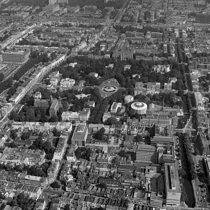 The Hague, Holland, August 29 - 1977: Historical aerial photo  in black and white of Plein 1813, independence square and Panorama Mesdag Museum