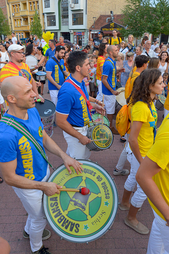 Novi Sad, Serbia - August 25, 2019: Samba Carnival in Novi Sad, Serbia. Performing in costume for the samba parade celebrating culture of Brazil in Serbia.