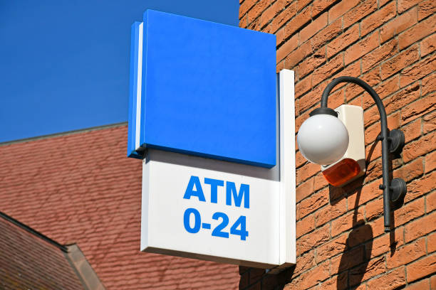 atm sign on the wall of the bank building - shingle bank imagens e fotografias de stock