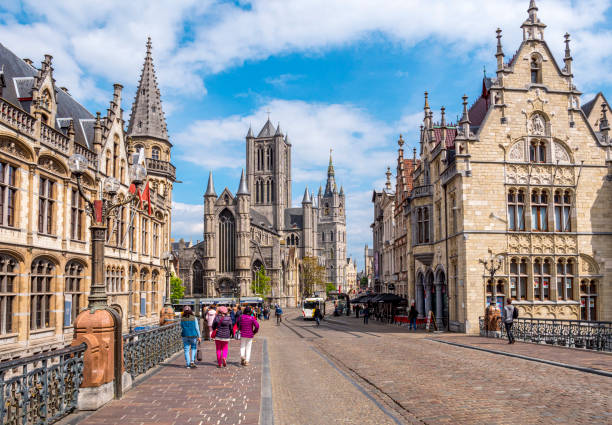 Ghent, historical center,on the Saint-Michiels bridge over the river de Leye, with a view on the  Sint Niklaas church. Belgium