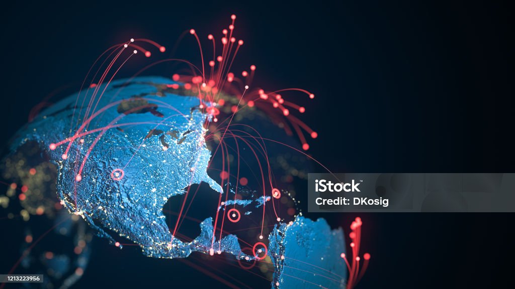 North And South America - Red Connection Lines - Copy Space - Global Business, Pandemic, Computer Virus High quality 3D rendered image, perfectly usable for topics related to big data, global networks, international flight routes or the spread of a pandemic / computer virus.
Textures courtesy of NASA:
https://visibleearth.nasa.gov/images/55167/earths-city-lights,
https://visibleearth.nasa.gov/images/73934/topography Globe - Navigational Equipment Stock Photo