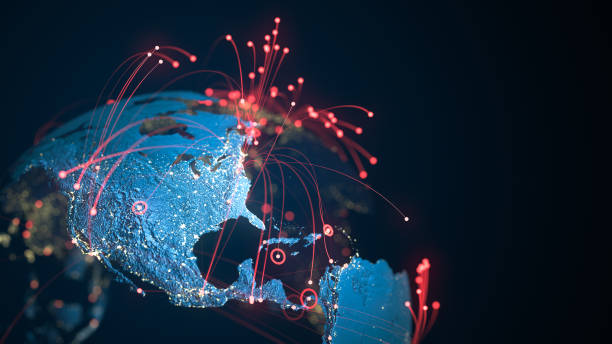 северная и южная америка - красные линии связи - копируйте пространство - глобальный бизнес, пандемия, компьютерный вирус - globe earth world map data стоковые фото и изображения