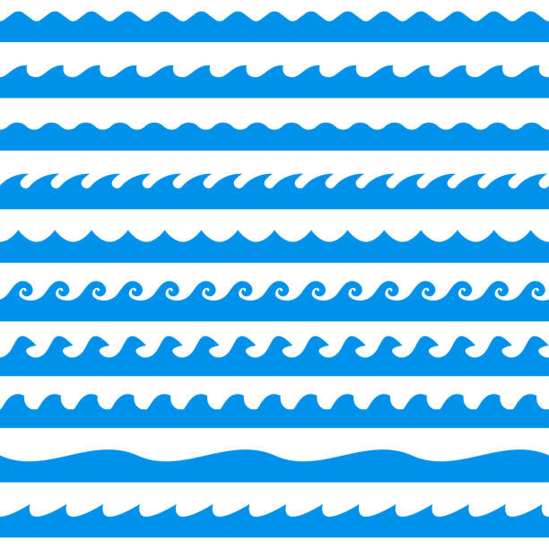 물파 세트. 라인 웨이브 이음새있는 패턴 컬렉션. 바다와 바다 그래픽 디자인입니다. 벡터 그림입니다. - tide water frame wave stock illustrations