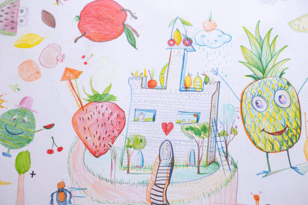 istock Color pencil kids drawing - magic world concept 1213226755
