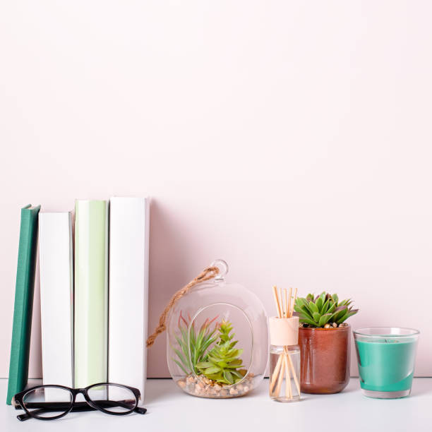 istock Books stack, eyeglasses, house plants succulents and fragrant candle and sticks. Background for World Book Day. Still life with stack of colorful books and home interior decor 1213229632