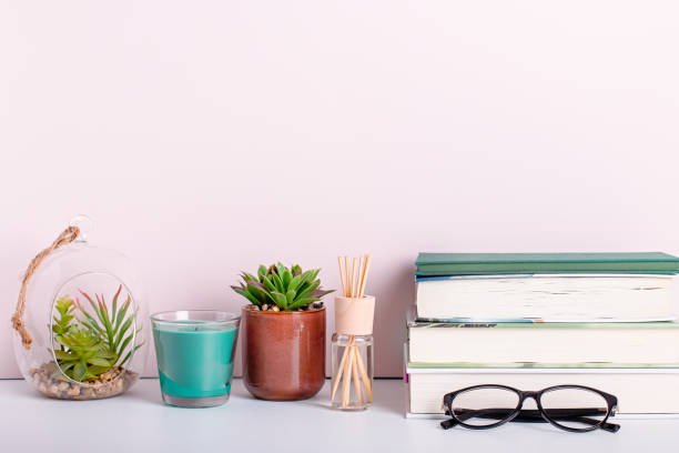 istock Multicolor books stack, house plants succulents and fragrant candle and sticks. Background for World Book Day. Still life with stack of colorful books and home interior decor 1213229634