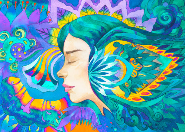 ilustrações, clipart, desenhos animados e ícones de aquarela azul pintando mulher bonita com flores - posing profile side view pensive