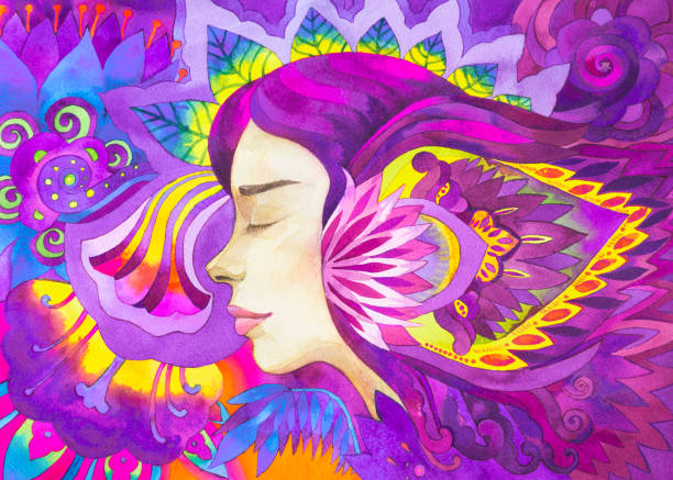 ilustraciones, imágenes clip art, dibujos animados e iconos de stock de acuarela violeta pintura hermosa mujer con flores - posing profile side view pensive