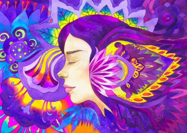 ilustraciones, imágenes clip art, dibujos animados e iconos de stock de acuarela violeta pintura hermosa mujer con flores - posing profile side view pensive