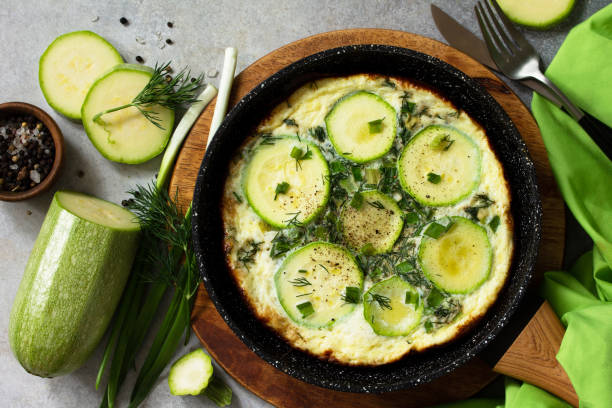 istock Breakfast. Summer omelet with zucchini and herbs on a stone or slate table. Top view flat lay. 1213242818