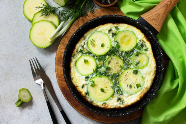 istock Breakfast. Summer omelet with zucchini and herbs on a stone or slate table. Top view flat lay. Copy space. 1213242820