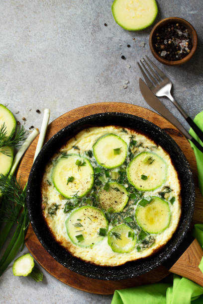 istock Breakfast. Summer omelet with zucchini and herbs on a stone or slate table. Top view flat lay. Copy space. 1213242823